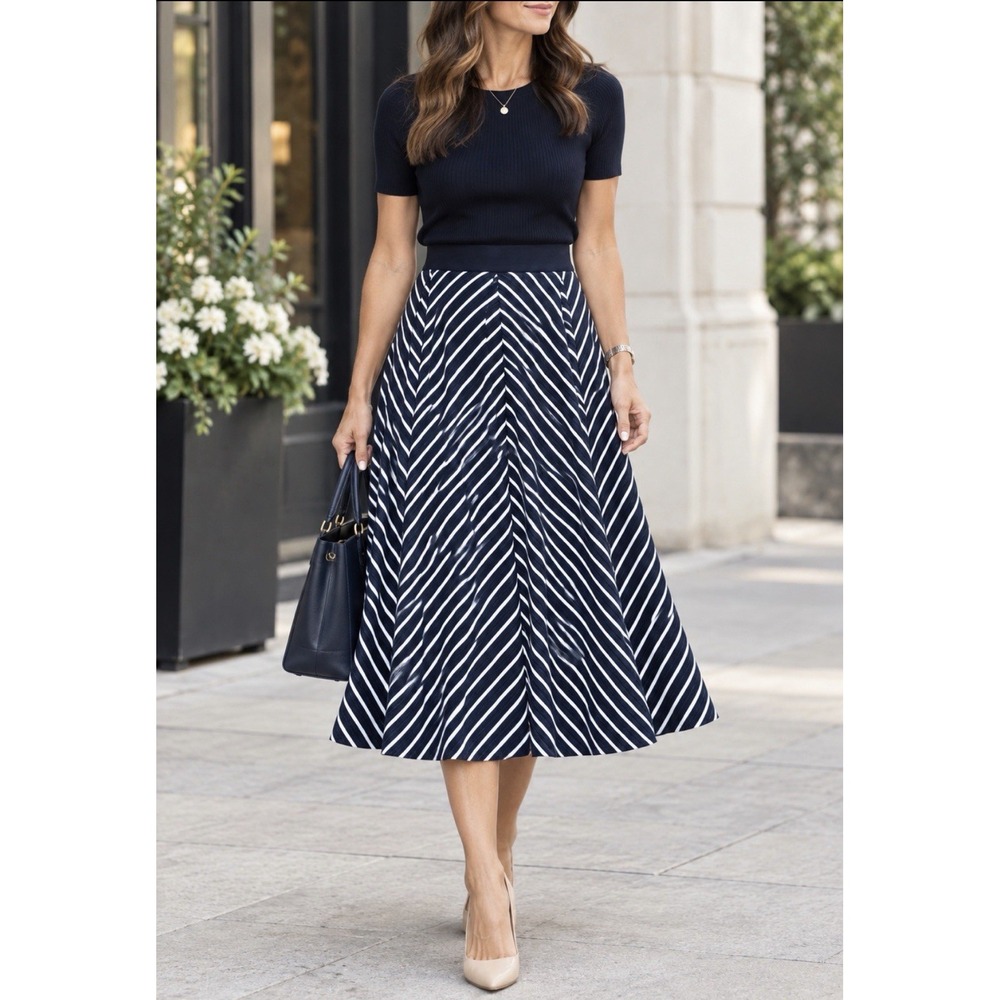 French Connection Chevron Striped A-Line Midi Skirt Women's 6 Navy Elastic Knit